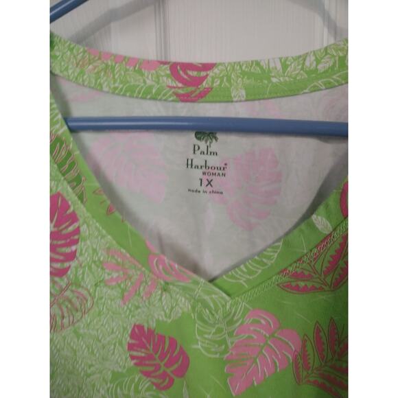 Palm Harbour Woman 1X Tee Green/Pink Leaf Short Sleeve Pullover Stretch Casual - Picture 4 of 7